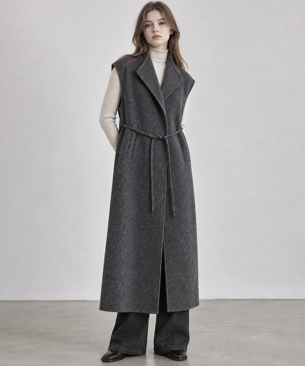 바스카라(VASCARA) Handmade Tailored Collar Belted Wool Long Vest (3colors)