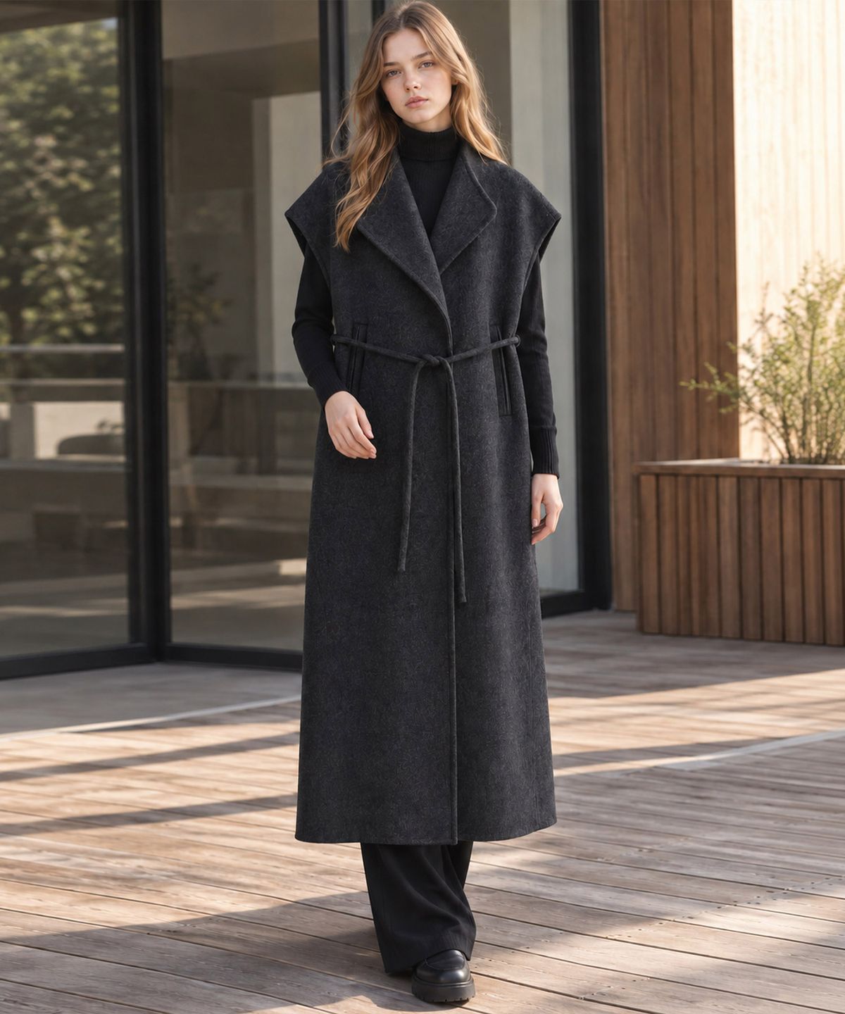 바스카라(VASCARA) Handmade Tailored Collar Belted Wool Long Vest (3colors)