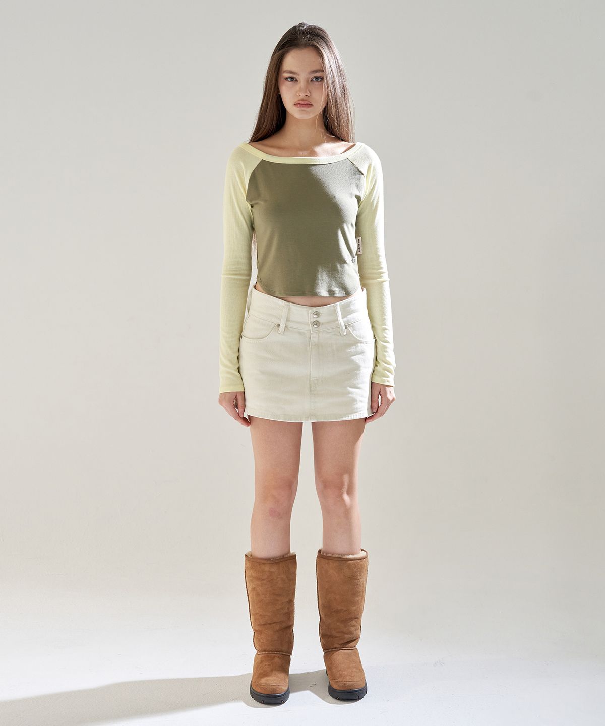 오드원아웃(ODDONEOUT) CATION DENIM STONE LOGO BELT SKIRT PANTS IVORY