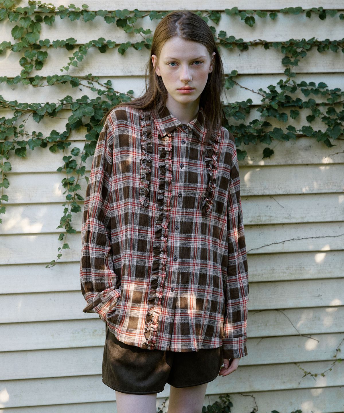 뮈뮈에르(MUEMUER) Ruffle Check Shirt MU2699BL901M
