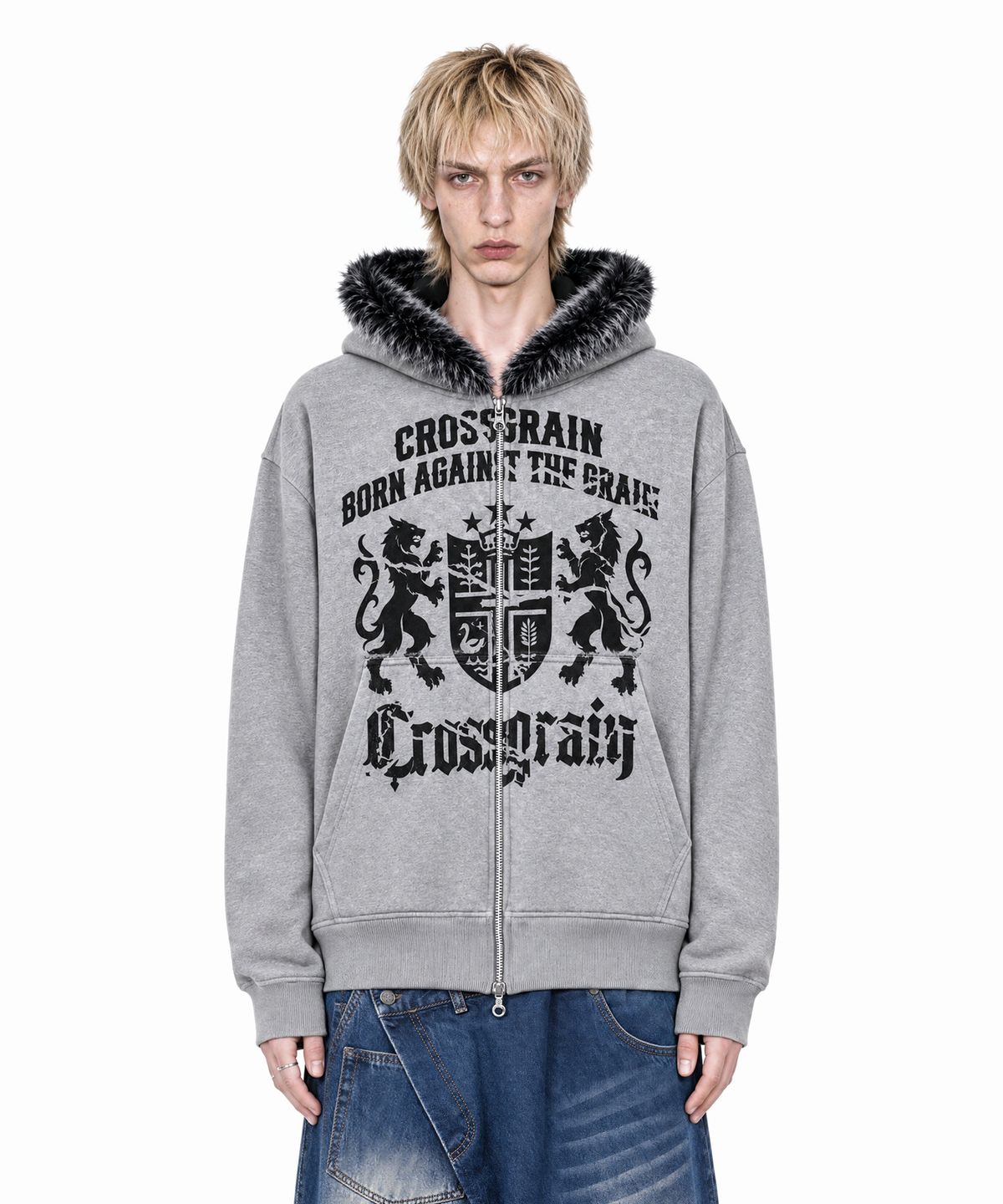 아이돈워너셀(IDWS) Heritage Crop Fur Hoodie Zip Up Gray