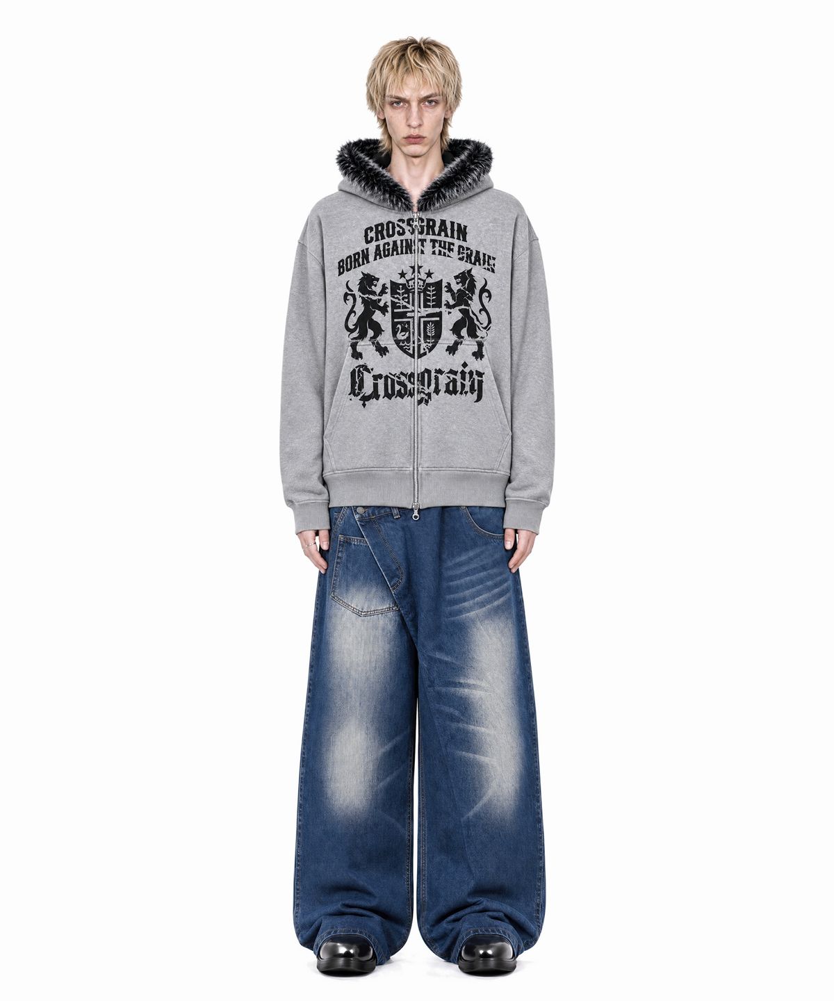 아이돈워너셀(IDWS) Heritage Crop Fur Hoodie Zip Up Gray