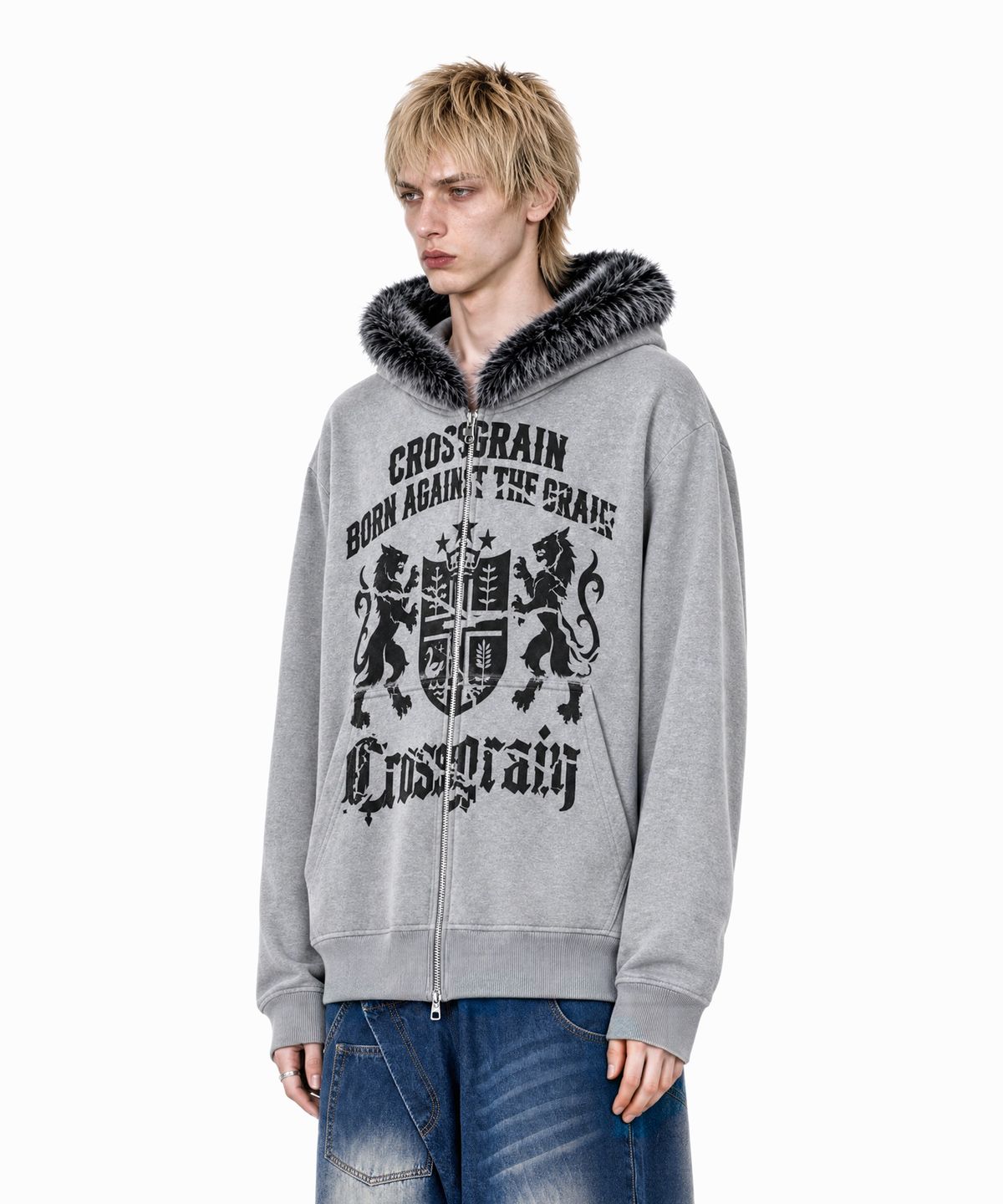 아이돈워너셀(IDWS) Heritage Crop Fur Hoodie Zip Up Gray