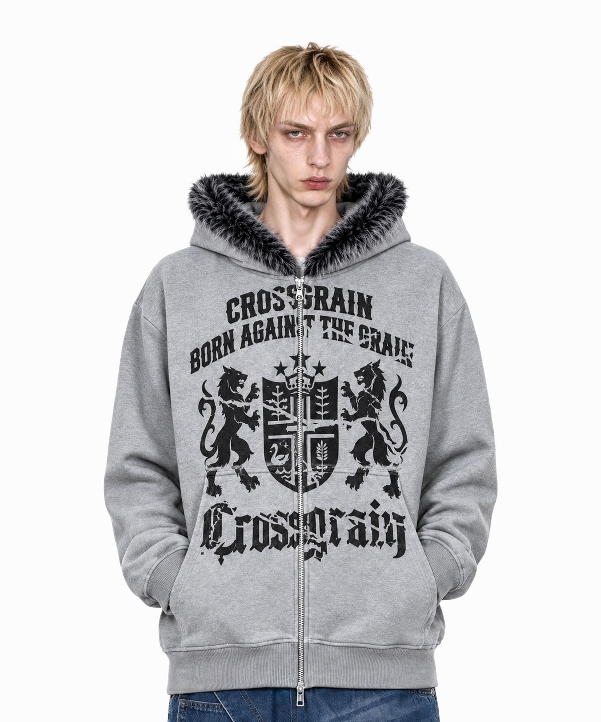 아이돈워너셀(IDWS) Heritage Crop Fur Hoodie Zip Up Gray