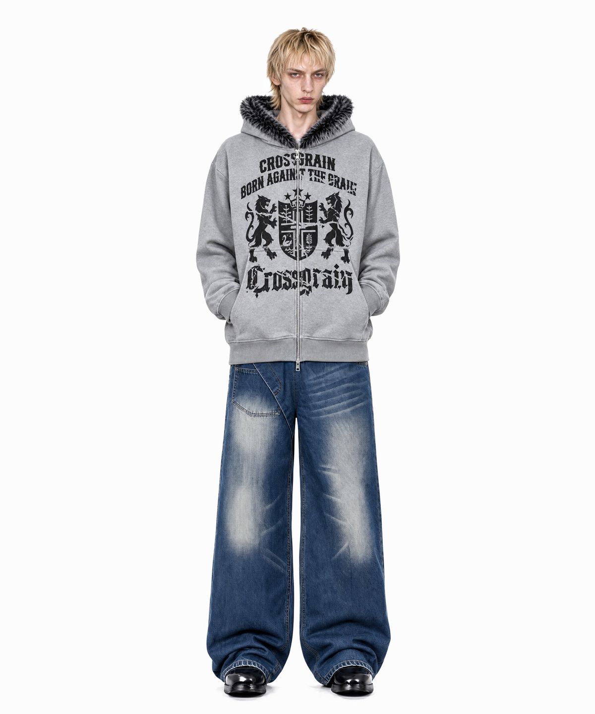 아이돈워너셀(IDWS) Heritage Crop Fur Hoodie Zip Up Gray
