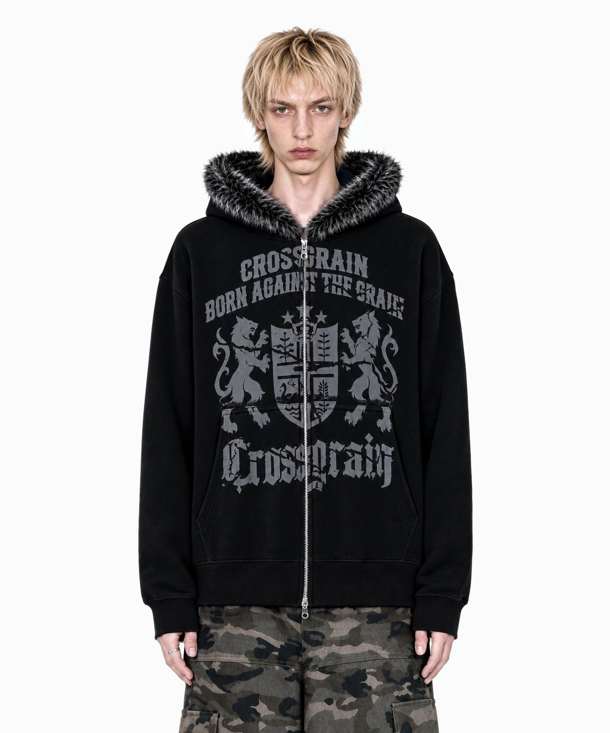 아이돈워너셀(IDWS) Heritage Crop Fur Hoodie Zip Up Black
