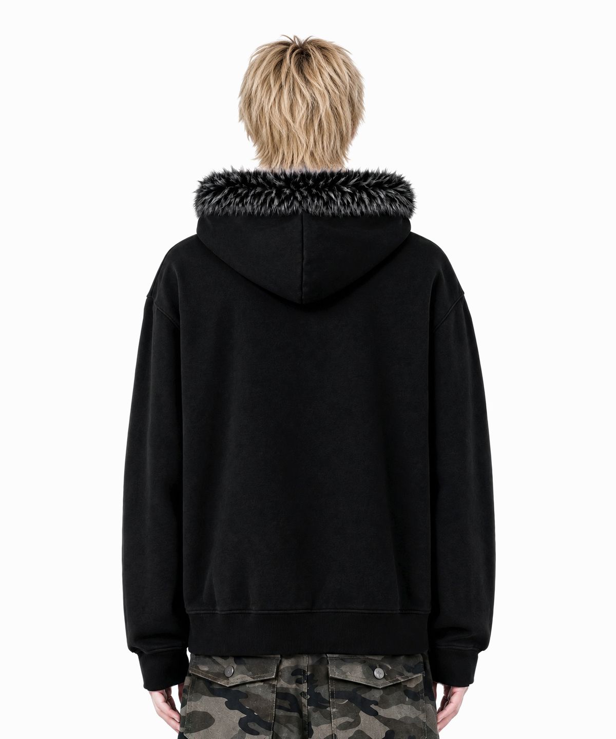 아이돈워너셀(IDWS) Heritage Crop Fur Hoodie Zip Up Black