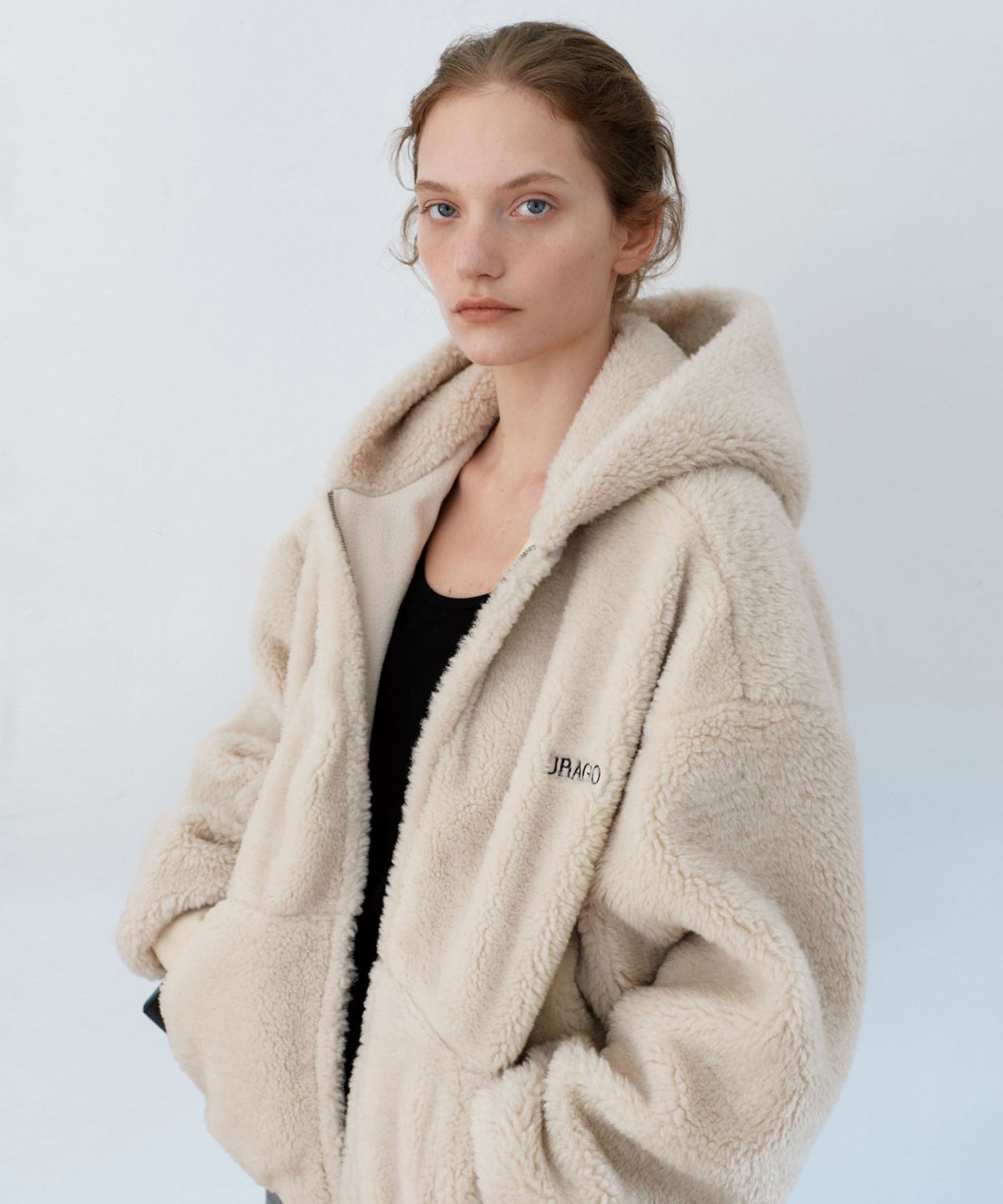유라고(URAGO) Fleece two way hood zip-up_Cream beige