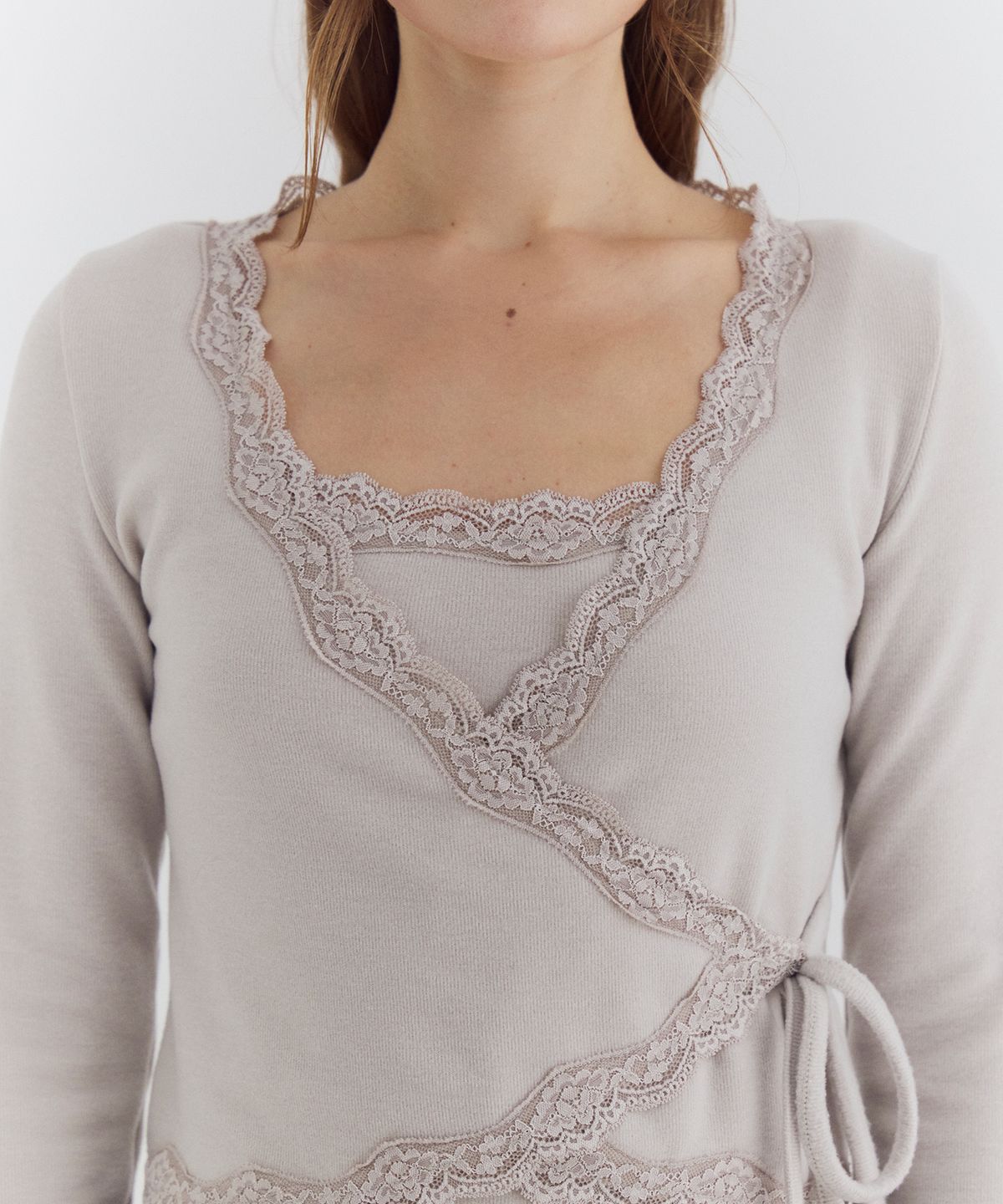 큐리티(CURETTY) C LACE TRIM WRAP CARDIGAN SET_BEIGE