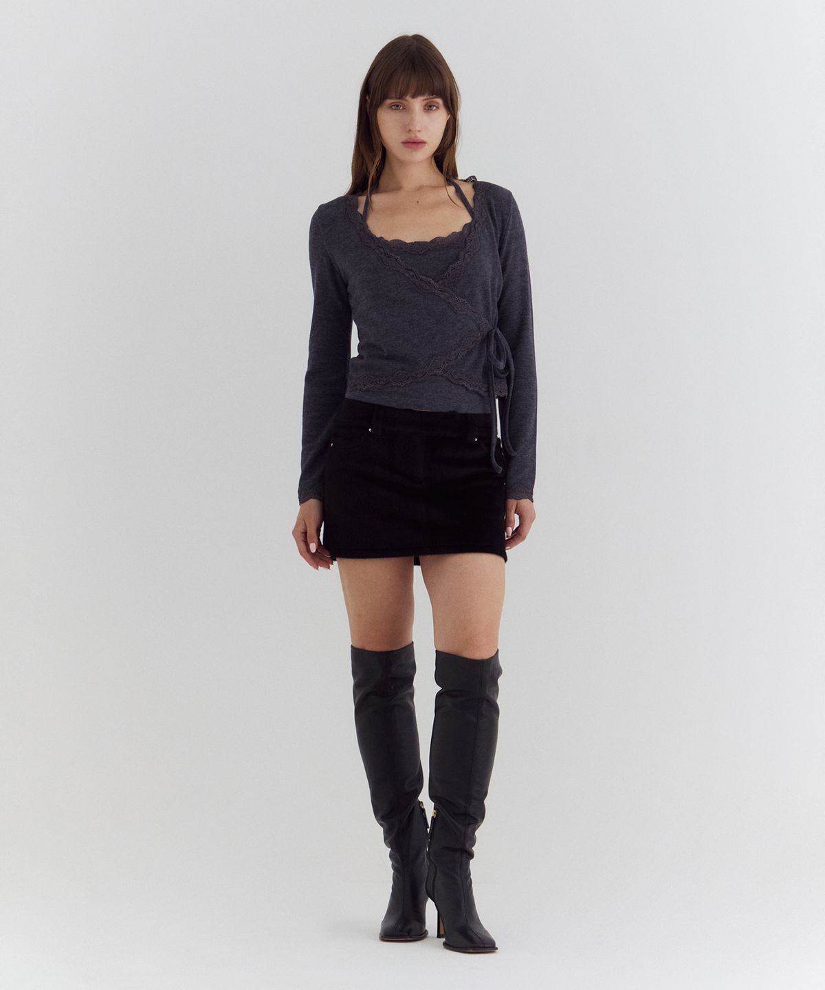 큐리티(CURETTY) C LACE TRIM WRAP CARDIGAN SET_CHARCOAL