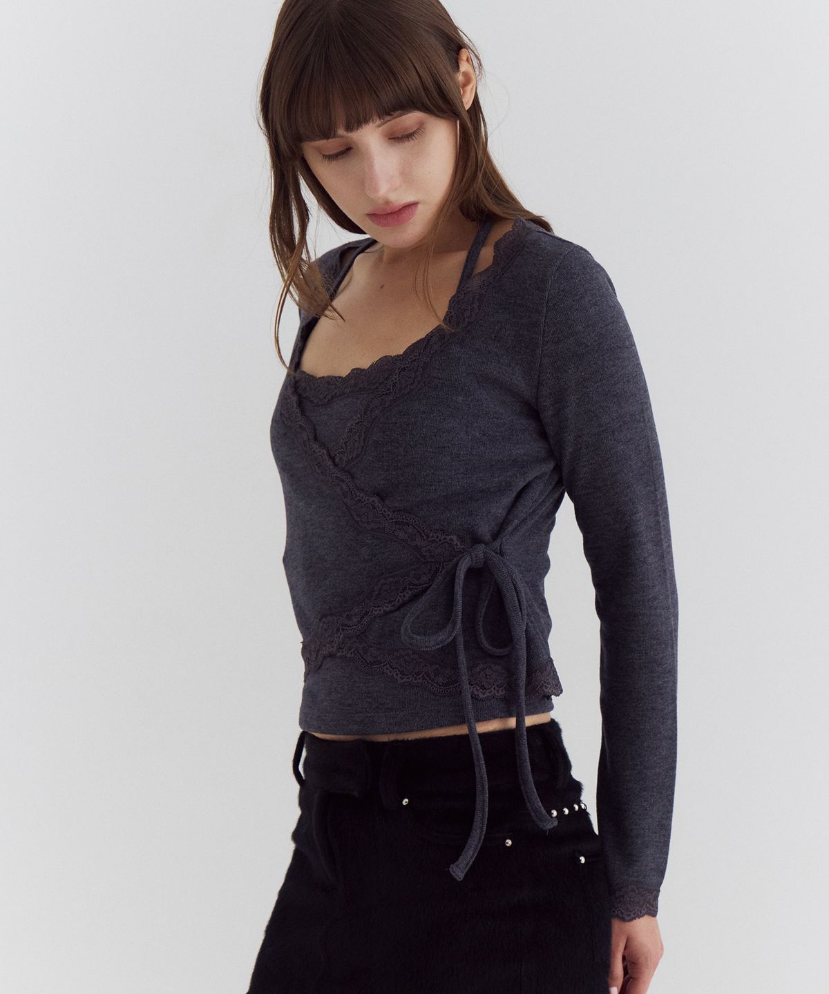 큐리티(CURETTY) C LACE TRIM WRAP CARDIGAN SET_CHARCOAL