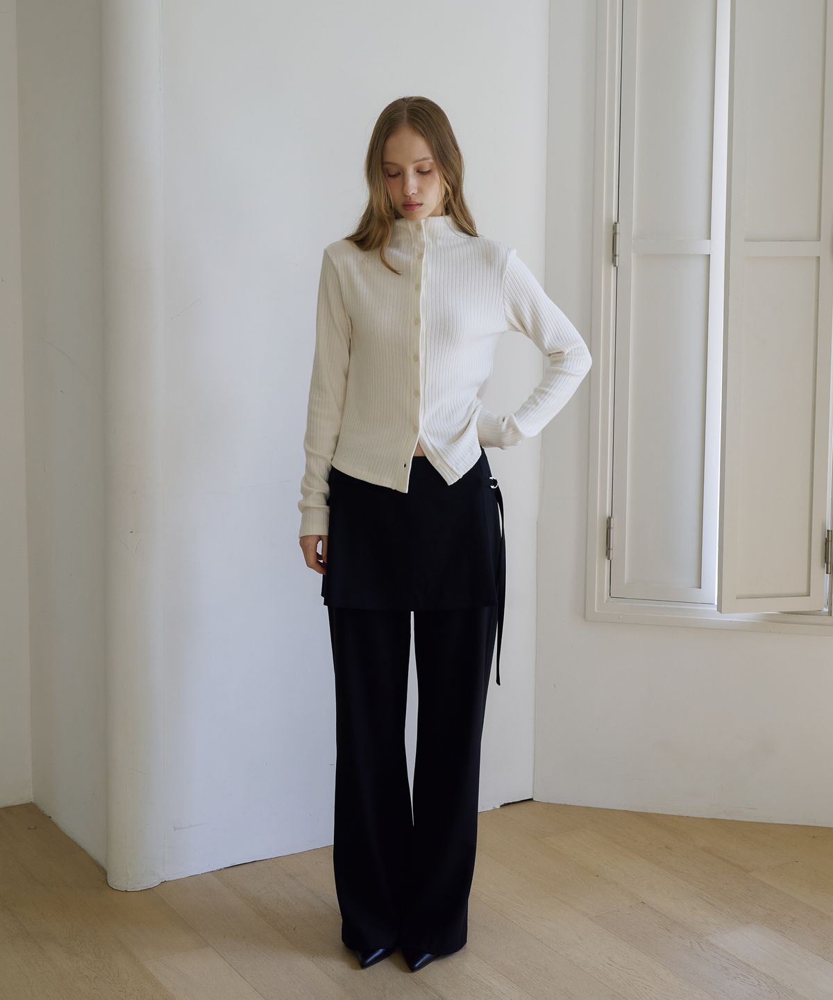 드헤베(DEHEVE) Wool Wrap Layered Pants [Black]