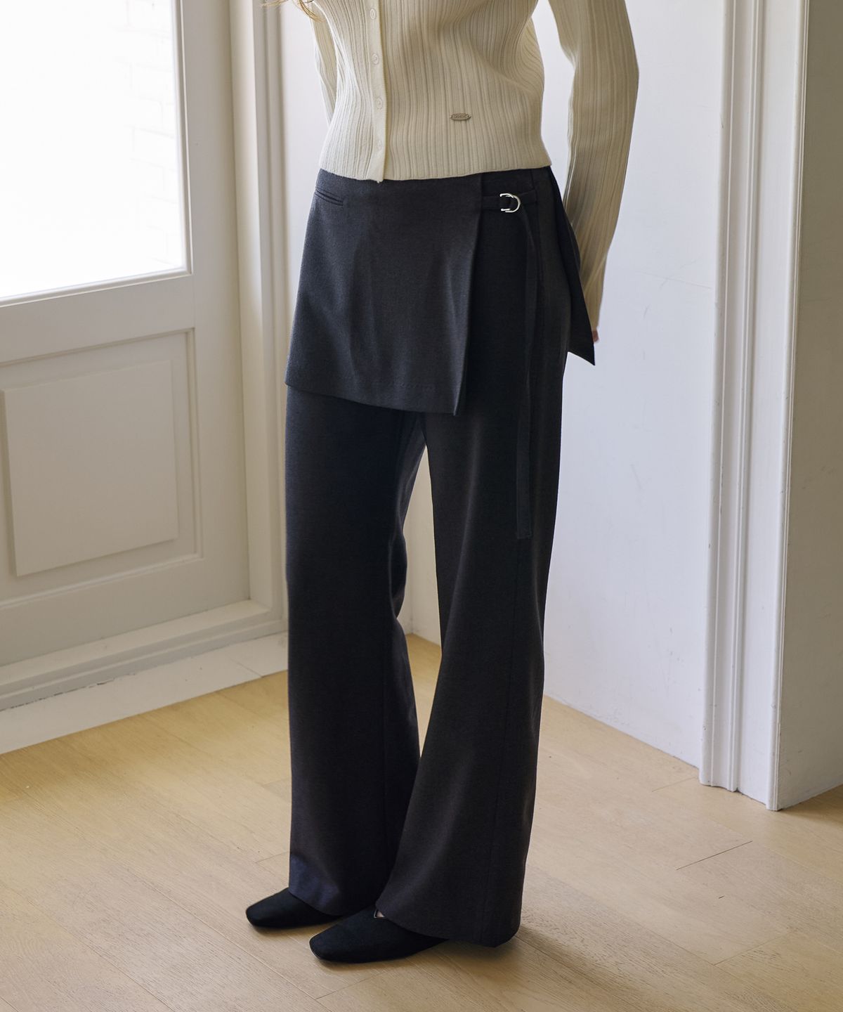 드헤베(DEHEVE) Wool Wrap Layered Pants [Charcoal]