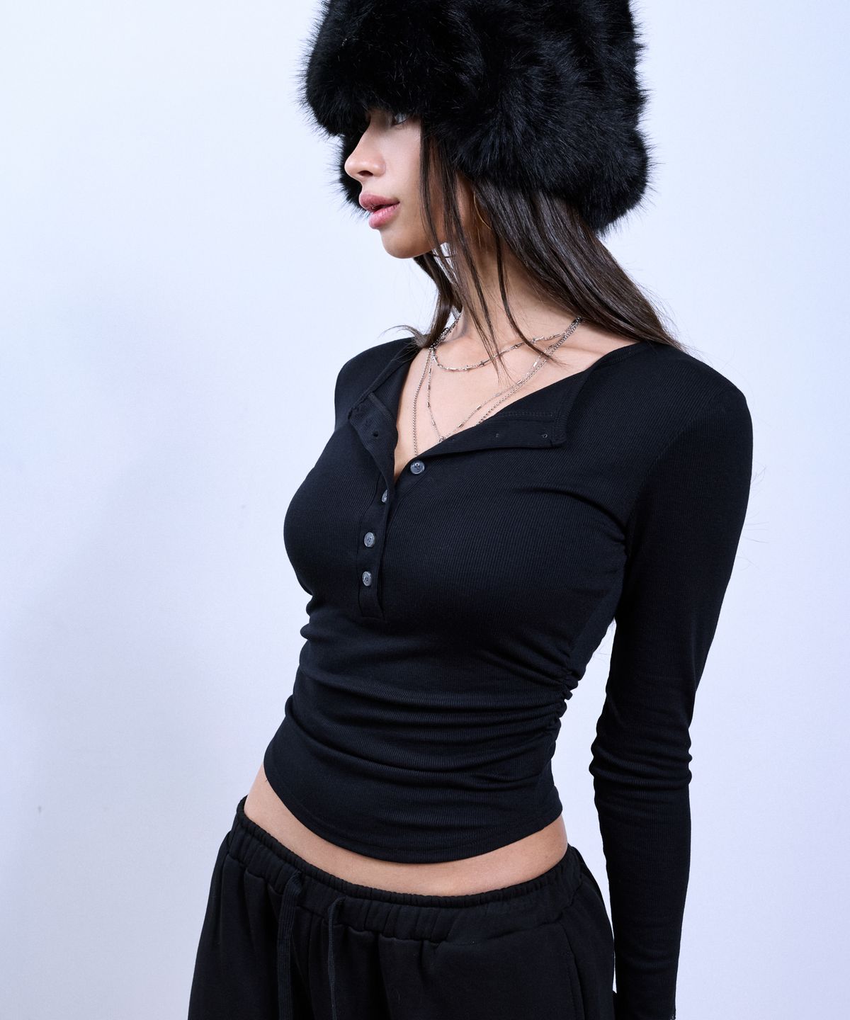 쿨시스(COOLSIS) CS SHIRRING HENLEY BUTTON TOP-079 (BLACK)