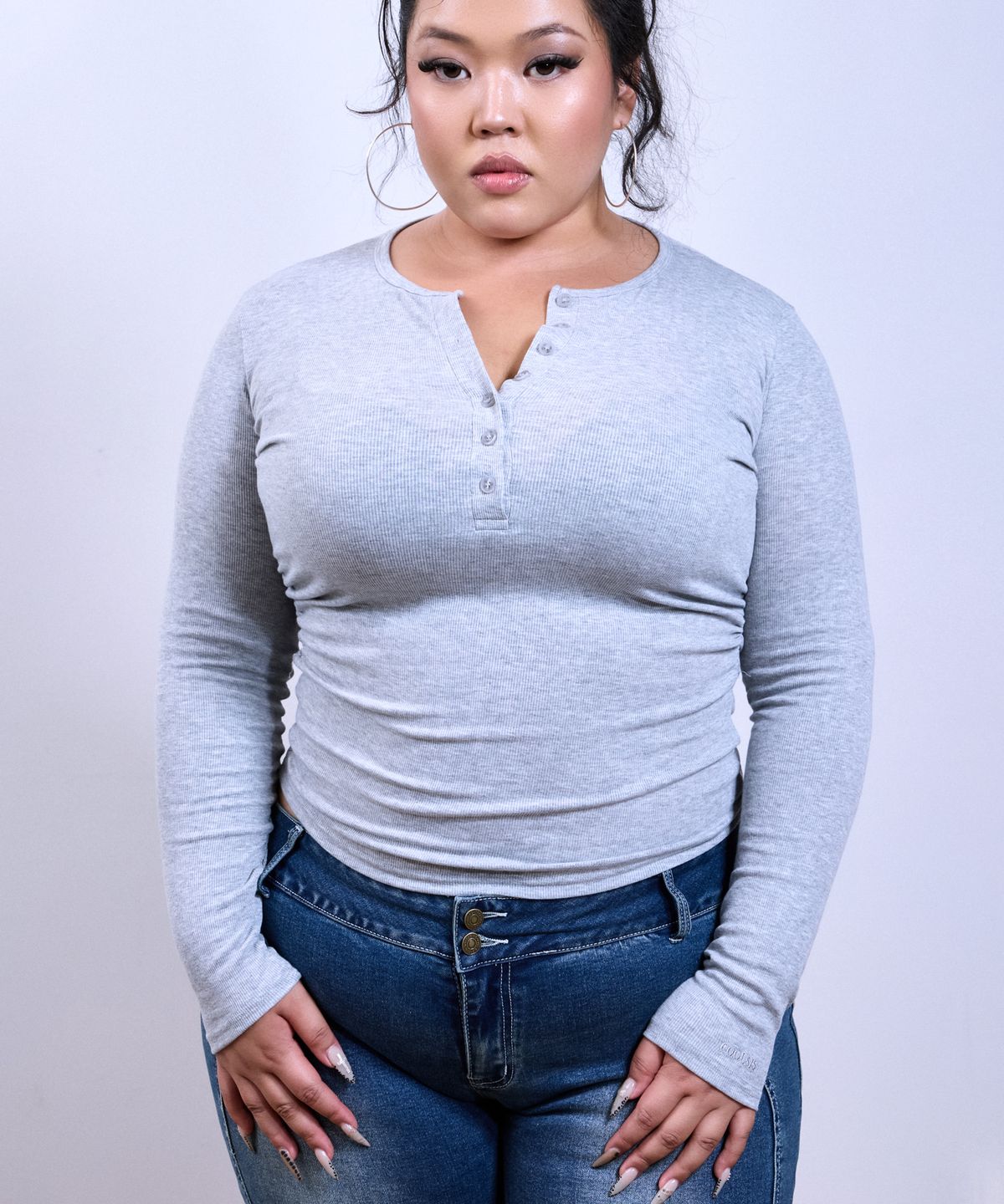 쿨시스(COOLSIS) CS SHIRRING HENLEY BUTTON TOP-079 (GREY)