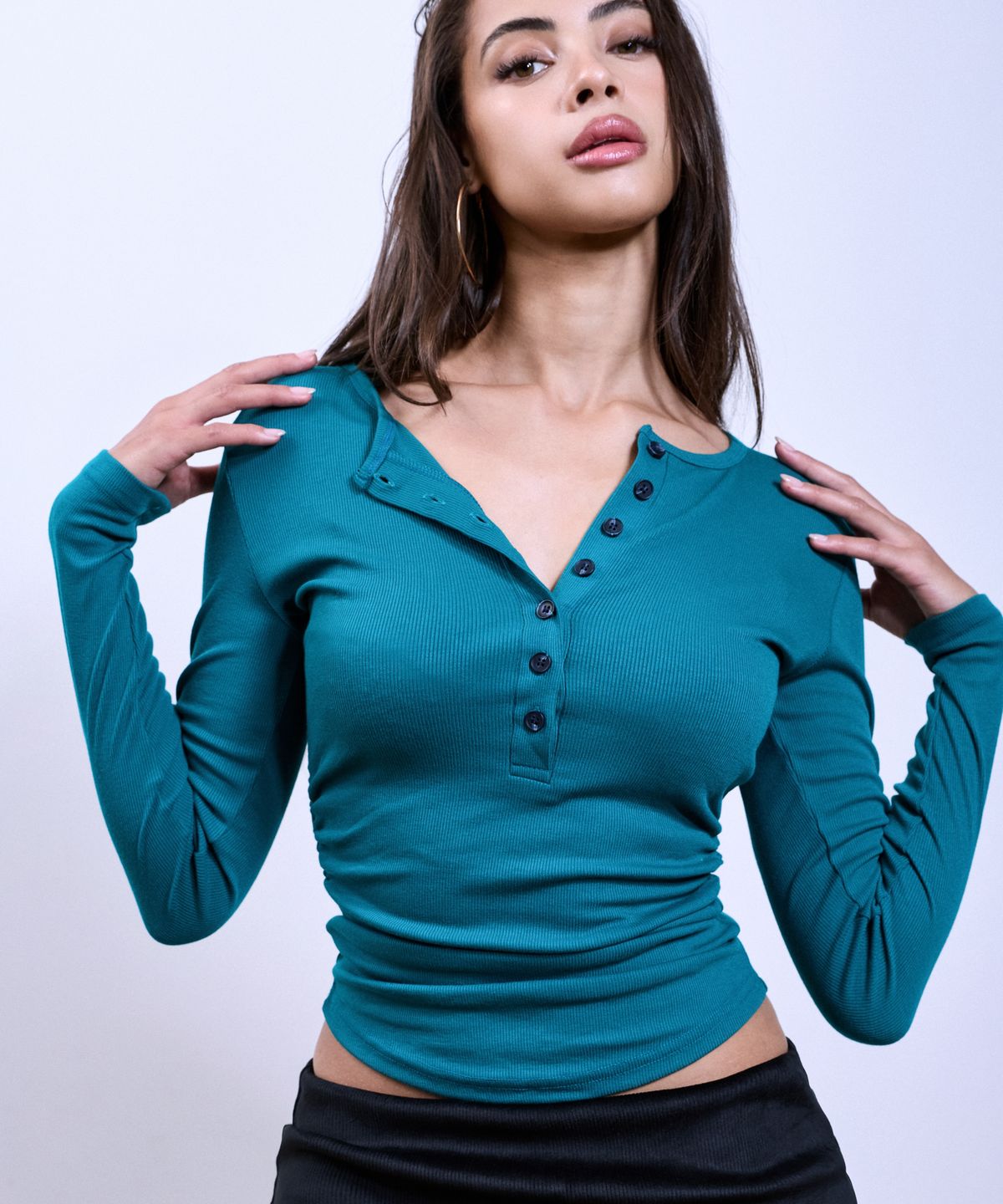 쿨시스(COOLSIS) CS SHIRRING HENLEY BUTTON TOP-079 (TEAL)