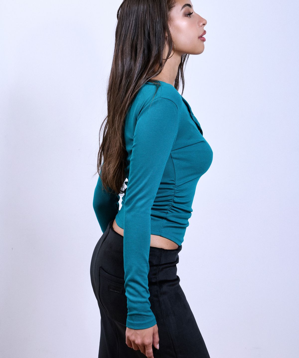 쿨시스(COOLSIS) CS SHIRRING HENLEY BUTTON TOP-079 (TEAL)