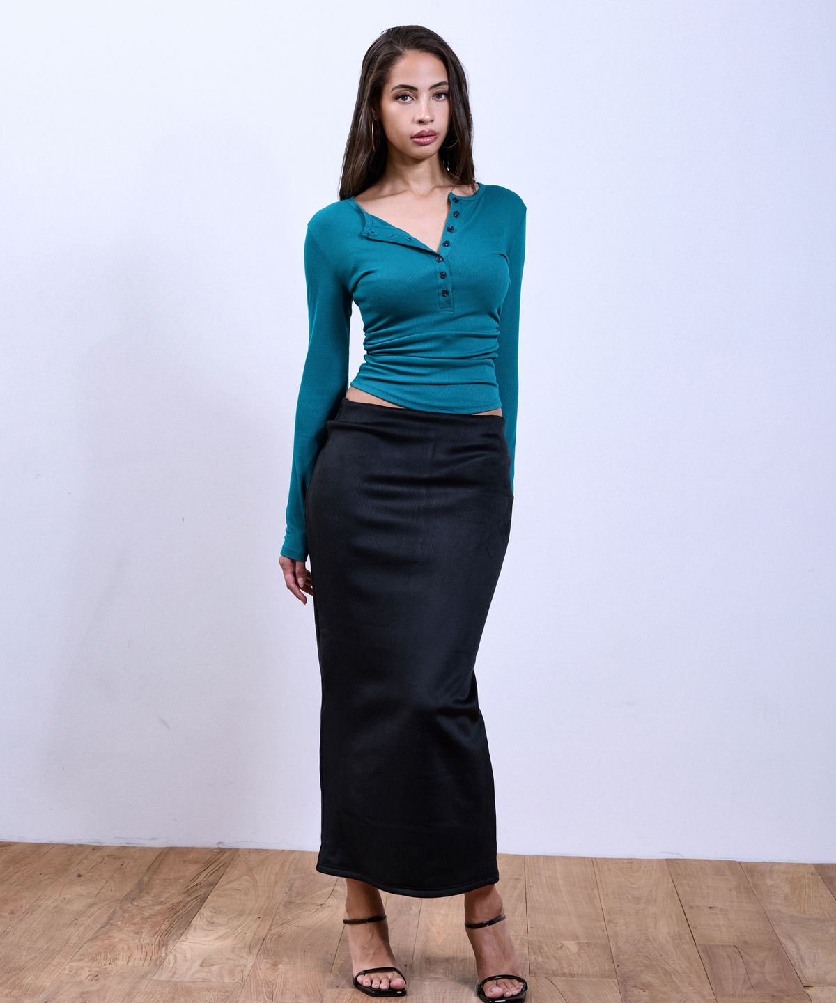 쿨시스(COOLSIS) CS SHIRRING HENLEY BUTTON TOP-079 (TEAL)