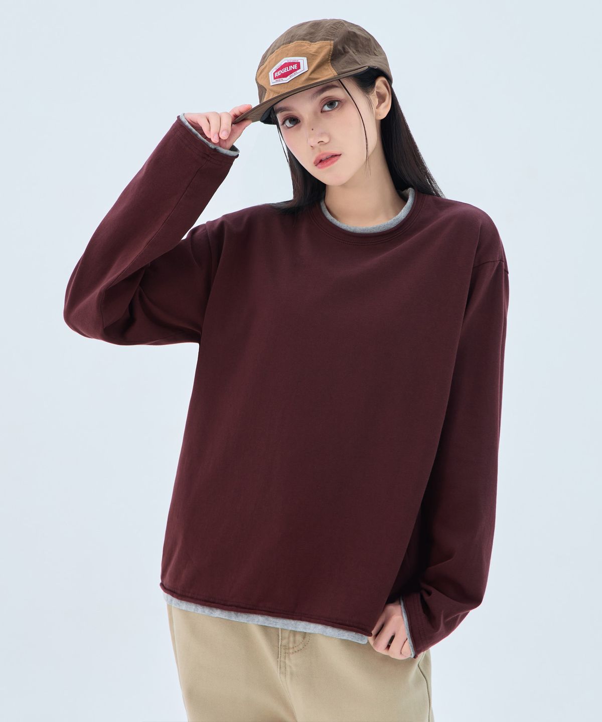 앨빈클로(ALVINCLO) 롤링 배색 레이어드 오버핏 긴팔 티셔츠 AVT979 (4COLOR)