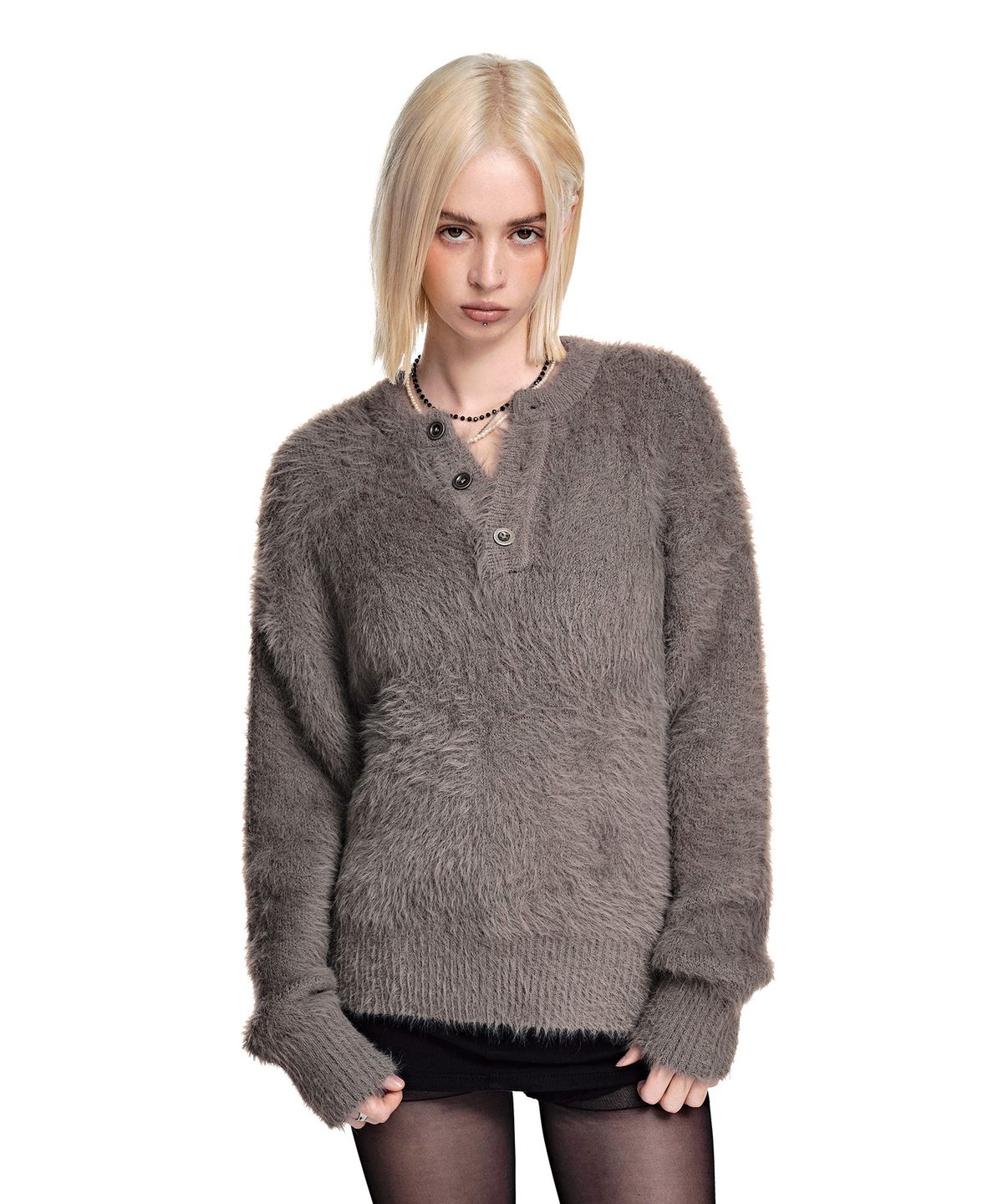 세컨모놀로그(SECONDMONO) Hairy Graphic Henley Knit [DBEIGE]_SEKT039DBEIGE