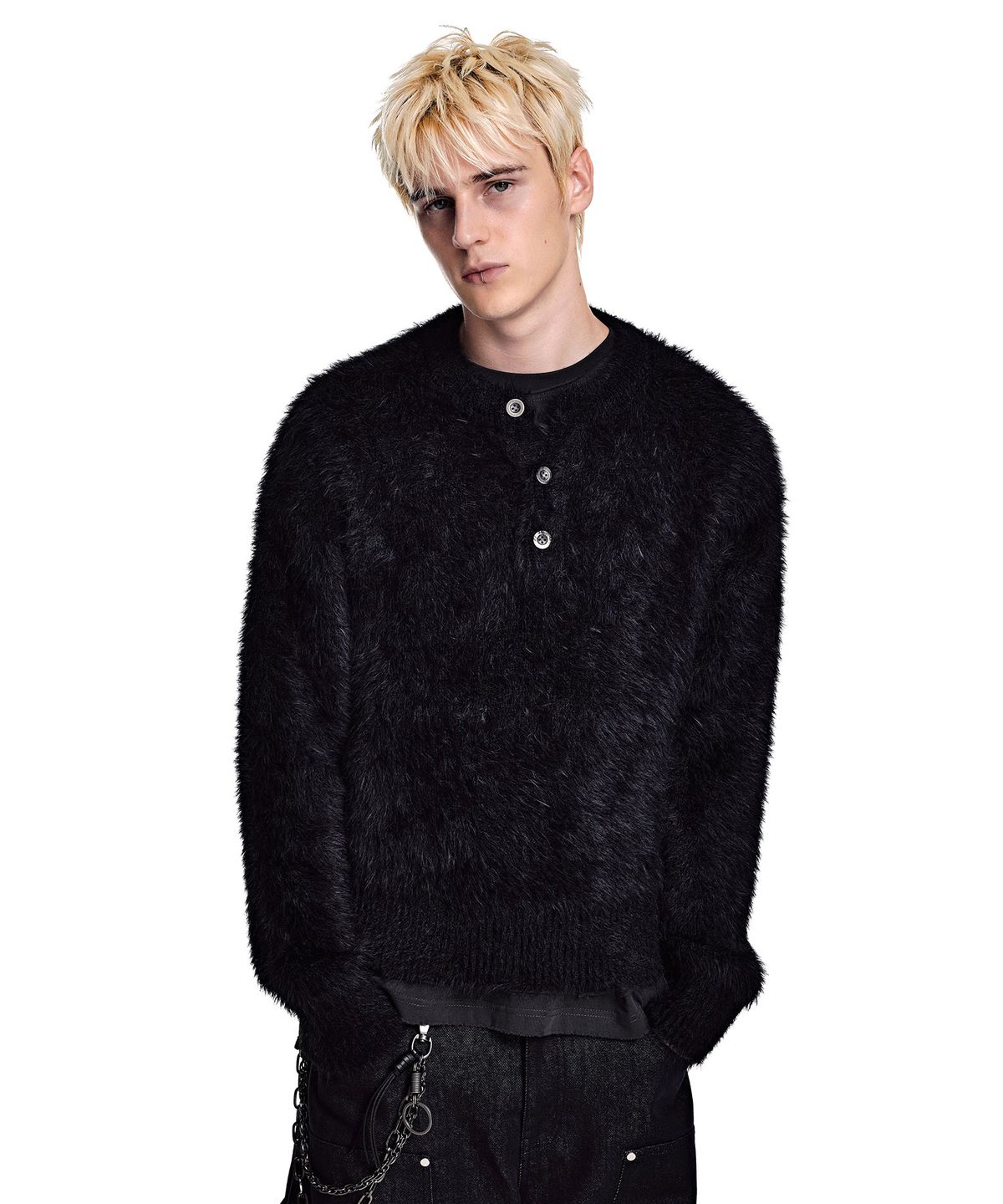 세컨모놀로그(SECONDMONO) Hairy Graphic Henley Knit [BLACK]_SEKT039BLACK