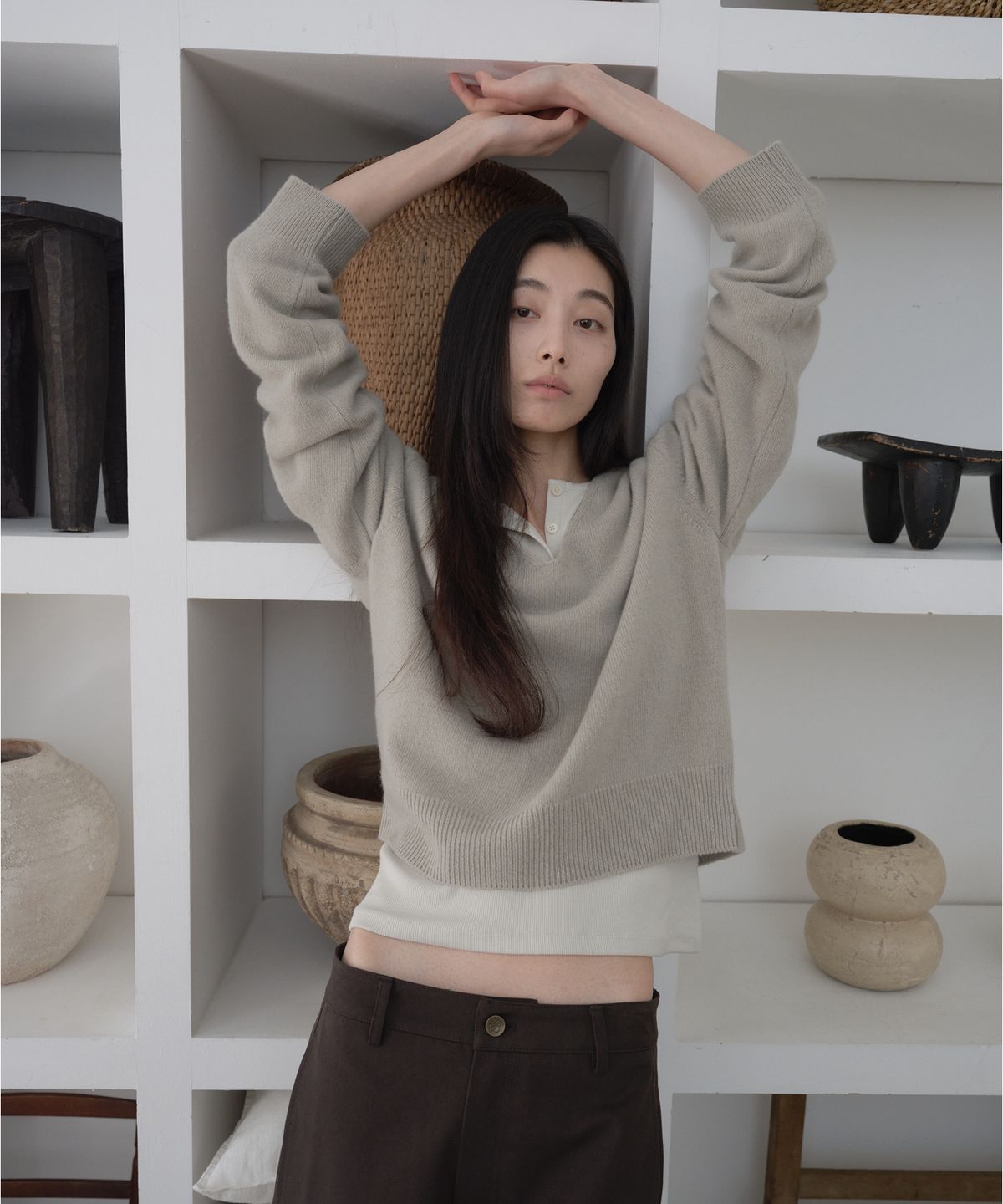프롬웨얼(FROMWHERE) 헨리넥 롱 슬리브 Beige