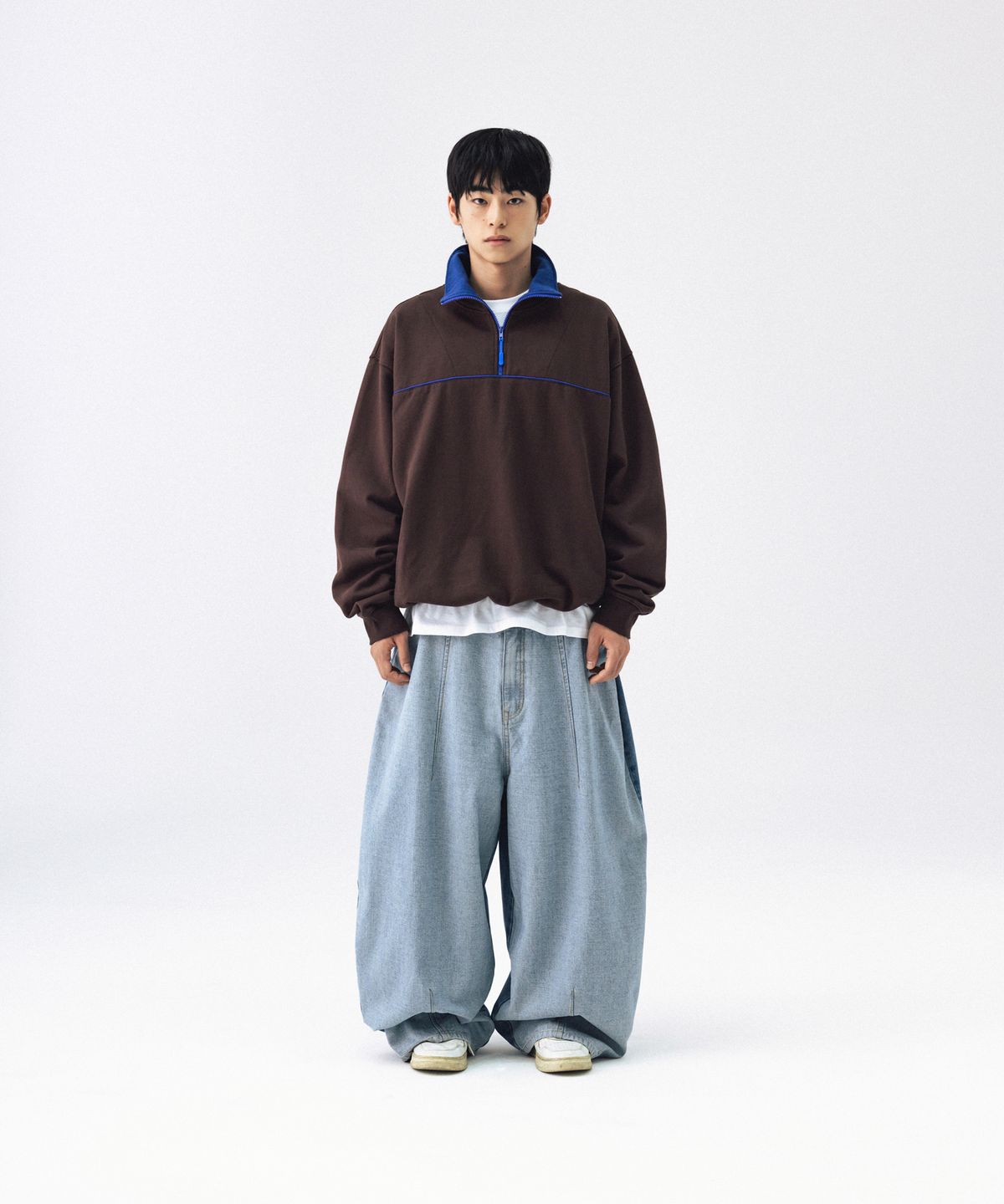 앵글런(ANGLAN) Color Line Sweat Half-Zip - Brown