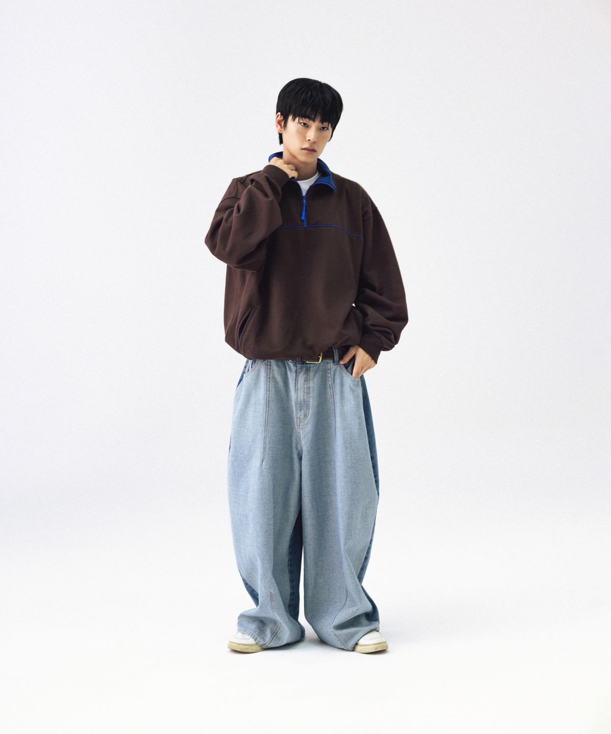 앵글런(ANGLAN) Color Line Sweat Half-Zip - Brown