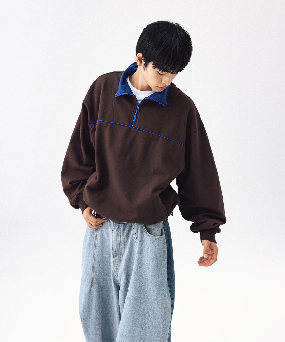 앵글런(ANGLAN) Color Line Sweat Half-Zip - Brown