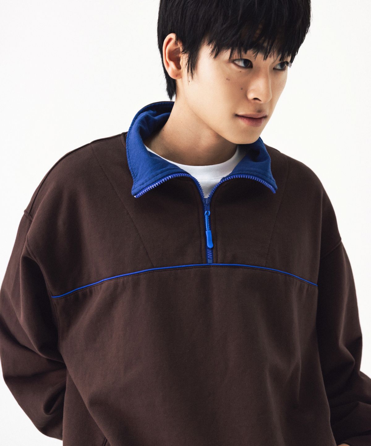 앵글런(ANGLAN) Color Line Sweat Half-Zip - Brown