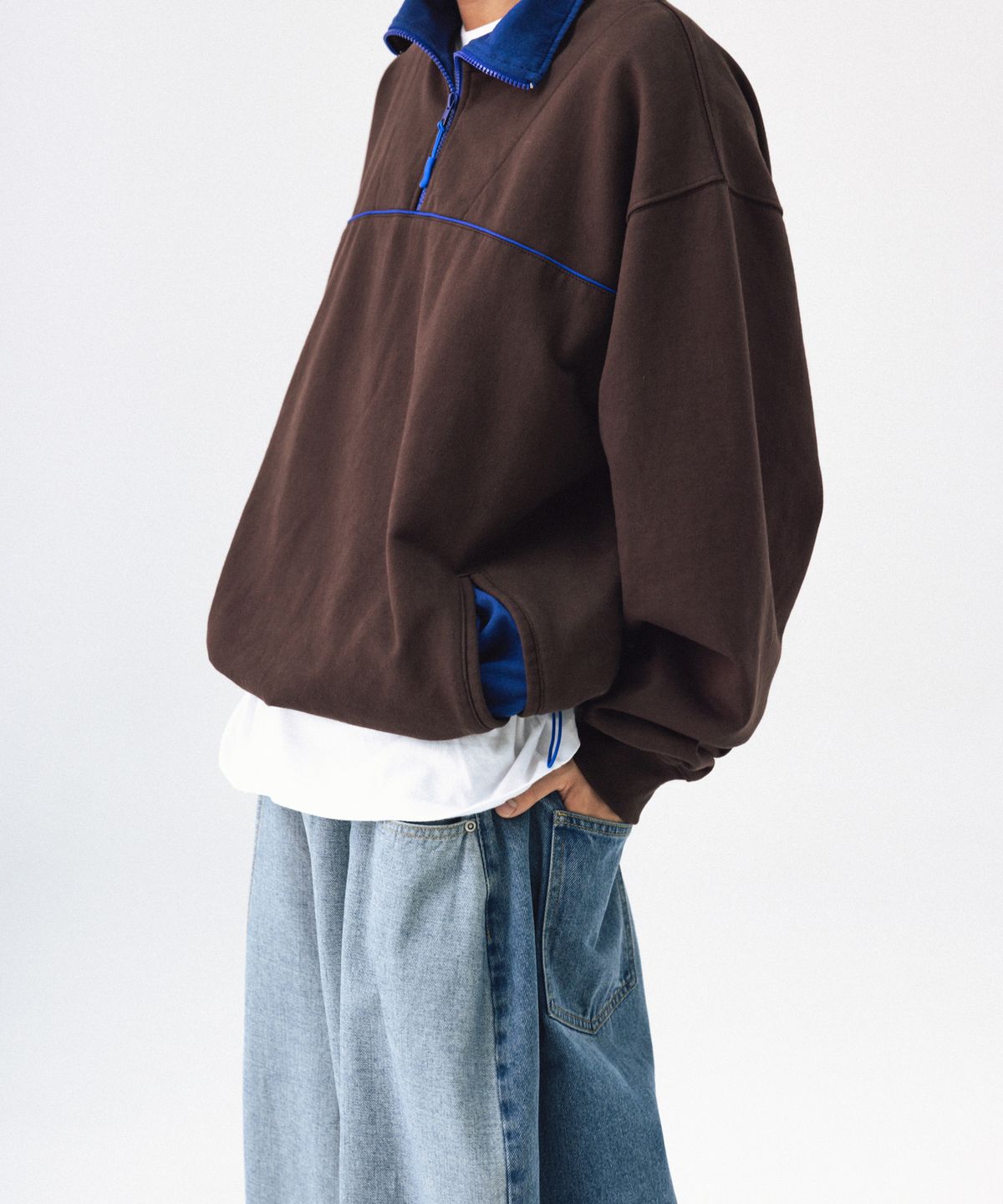 앵글런(ANGLAN) Color Line Sweat Half-Zip - Brown