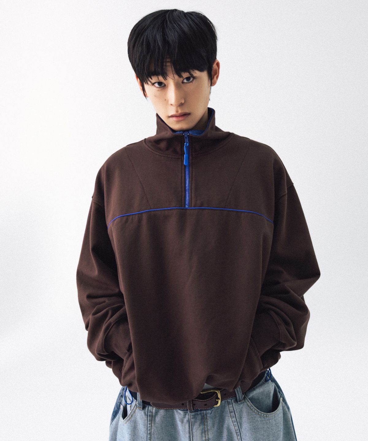 앵글런(ANGLAN) Color Line Sweat Half-Zip - Brown