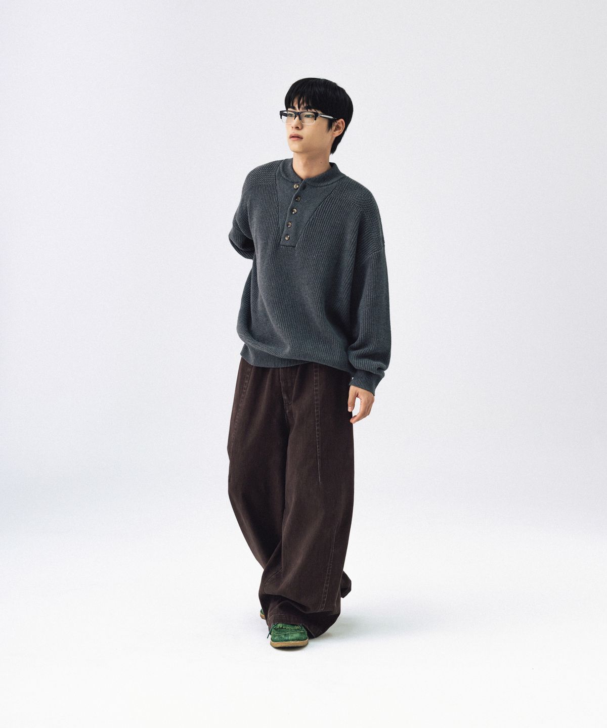 앵글런(ANGLAN) Military Button Knit Pullover - Charcoal