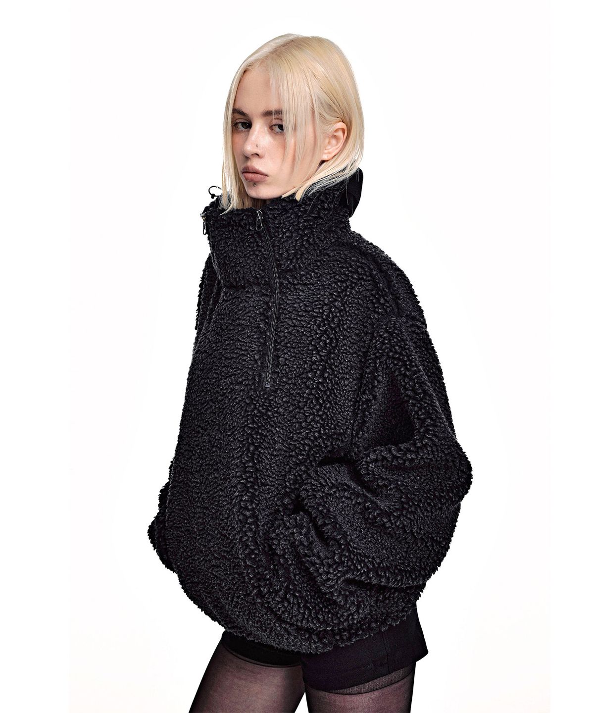 세컨모놀로그(SECONDMONO) Washed Sherpa Balaclava Half Zip [CHARCOAL]_SETS067CHARCOAL
