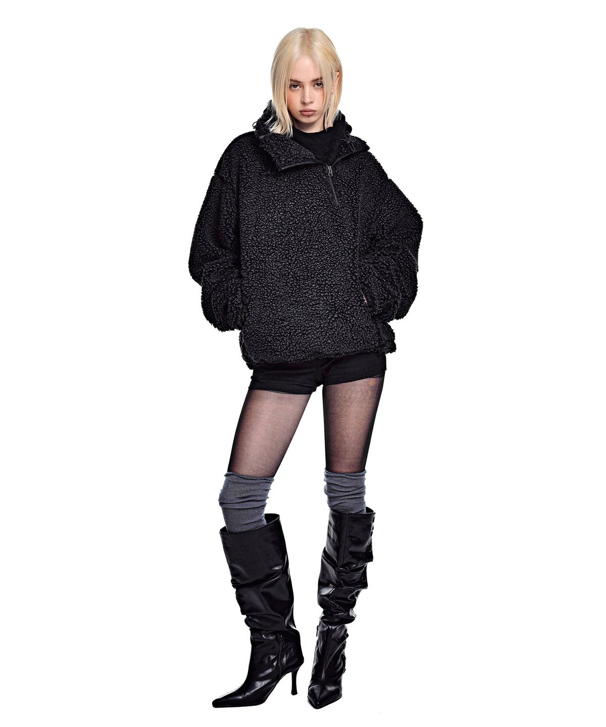 세컨모놀로그(SECONDMONO) Washed Sherpa Balaclava Half Zip [CHARCOAL]_SETS067CHARCOAL