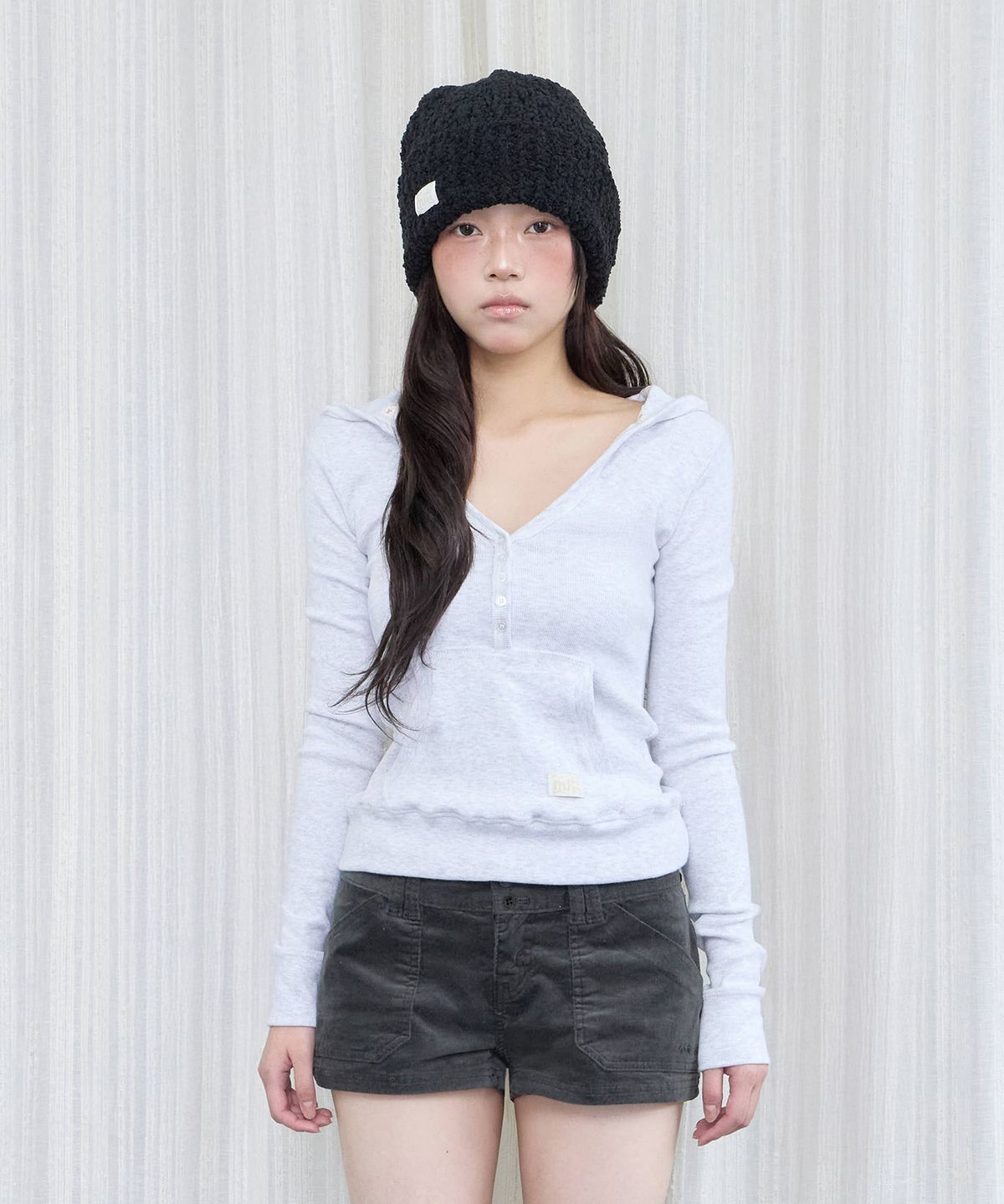 미레코(MIRECO) HENLEY HOOD LONG SLEEVE MELANGE WHITE