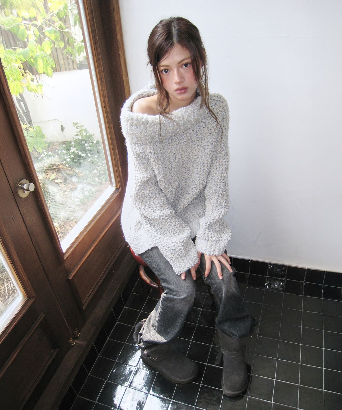 미레코(MIRECO) POCKET MIX HIGH NECK KNIT CLOUD GREY