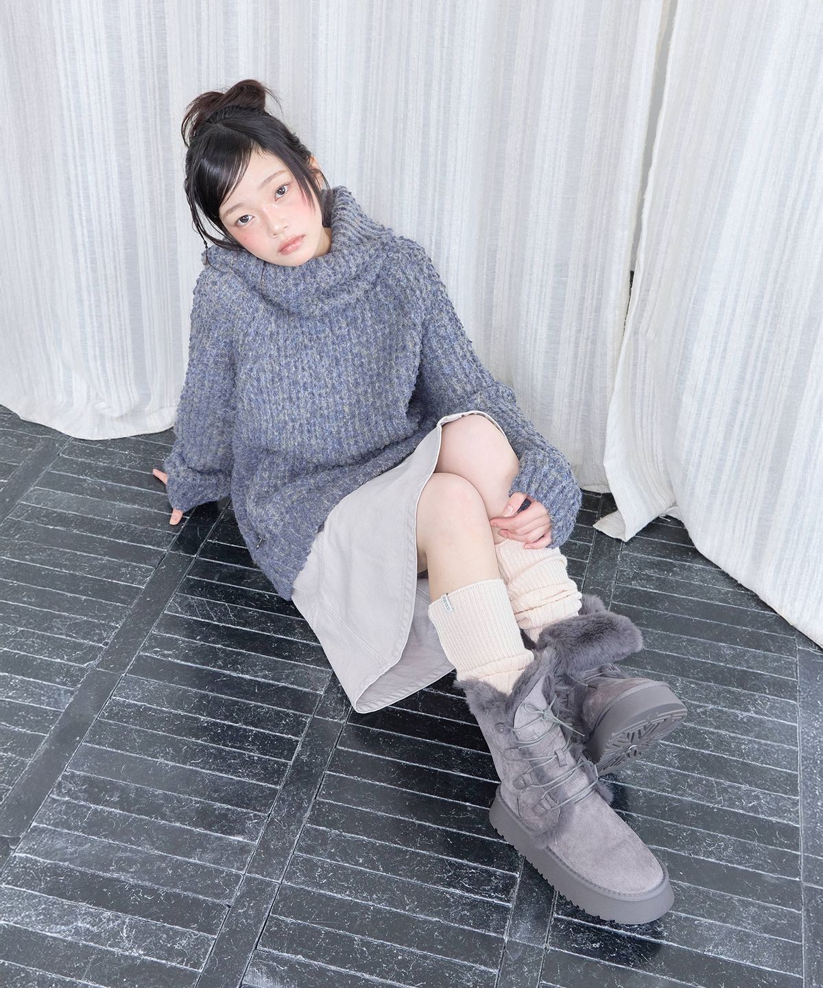 미레코(MIRECO) POCKET MIX HIGH NECK KNIT DUSK BLUE