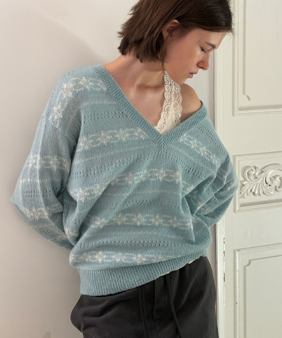 토아베(TOAVE) Snowflake Alpaca Deep V-Neck Knit (Powder blue)