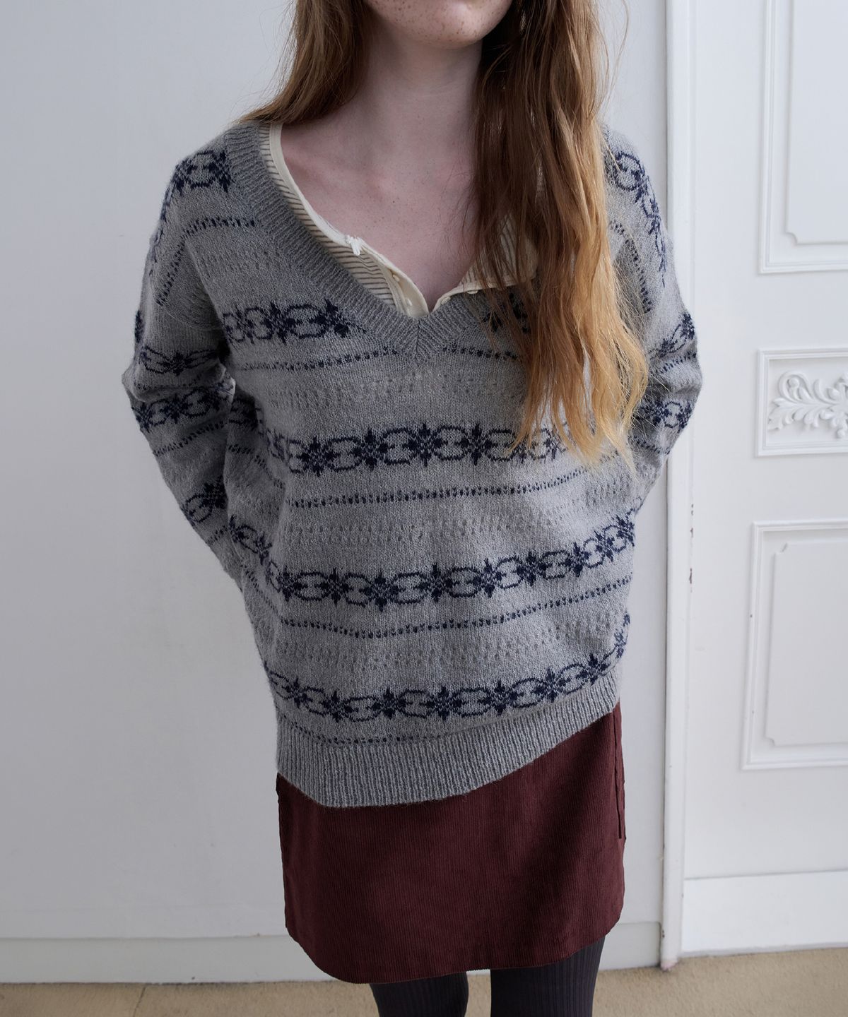 토아베(TOAVE) Snowflake Alpaca Deep V-Neck Knit (Gray)