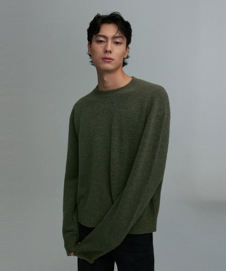 BRUSHED CREW-NECK KNIT SWEATER MELANGE MOSS