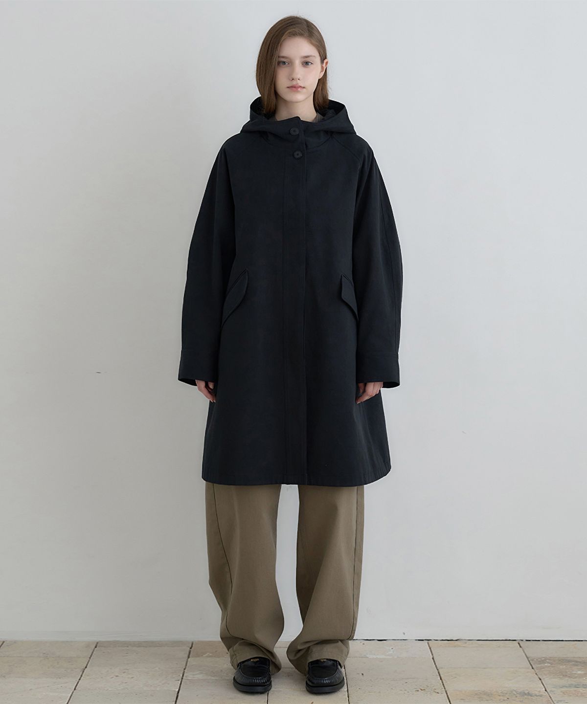 닐바이피(NILBY P) Hooded A-line half field coat Black [N6ACT01]