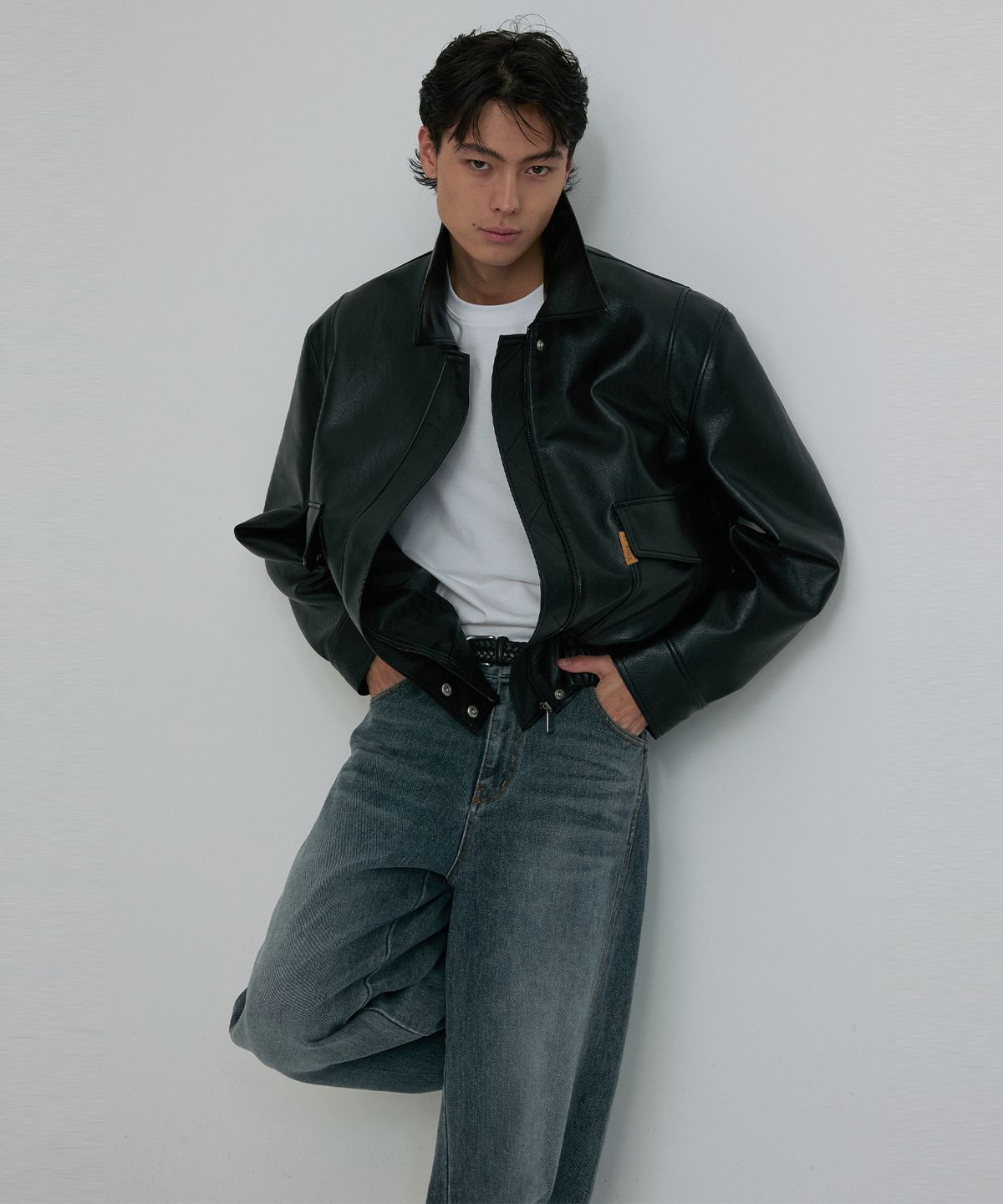 리이 맨(RERHEE MEN) FAUX LEATHER BLOUSON JACKET BLACK