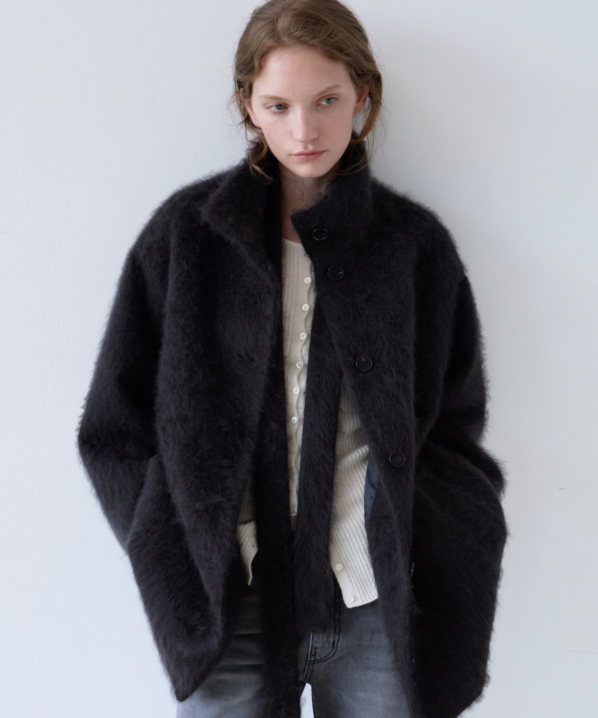 유라고(URAGO) Cashmere high neck belted half coat