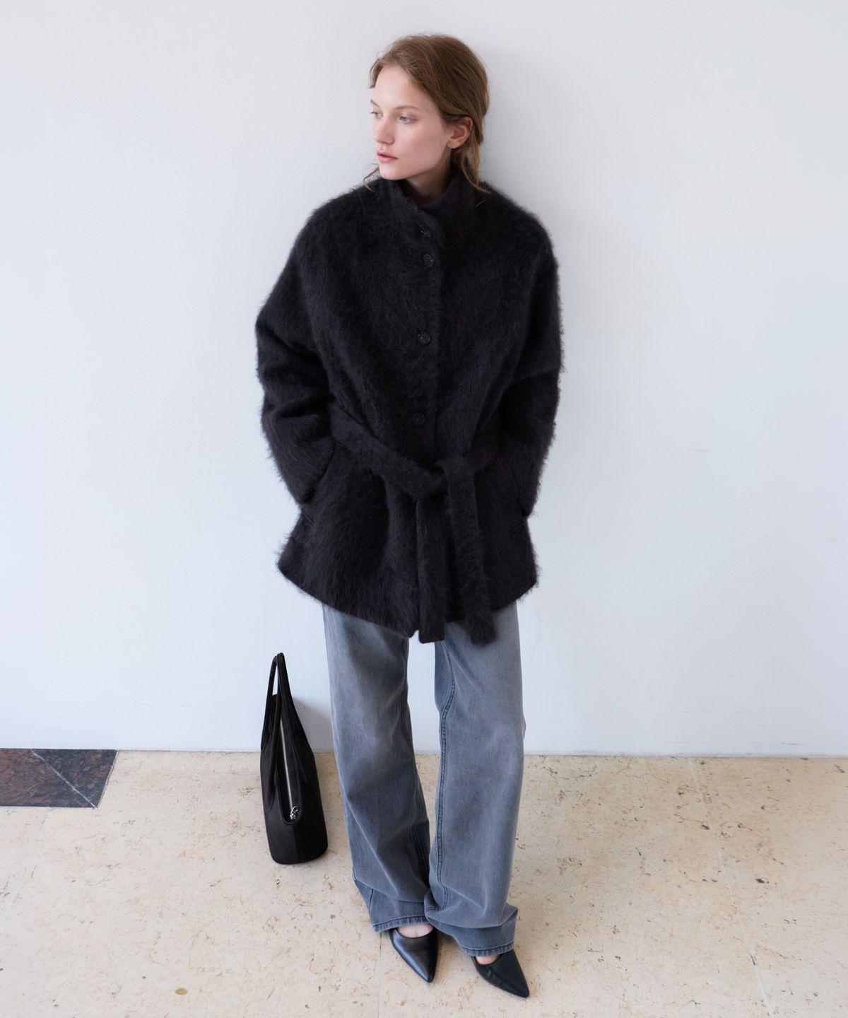 유라고(URAGO) Cashmere high neck belted half coat