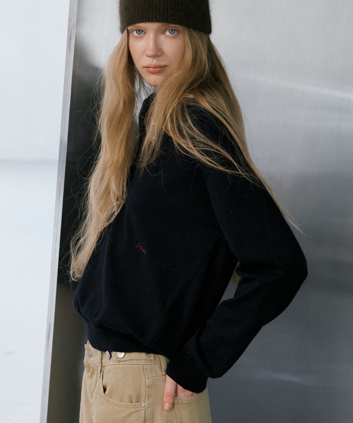 프리버07(FRIVER07) Button collar pk knit [FRFA07NT09]_Navy