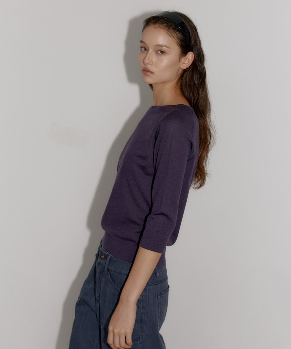 닌닛(NINNIT) Wool boat neck mid sleeve knit (VIOLET)
