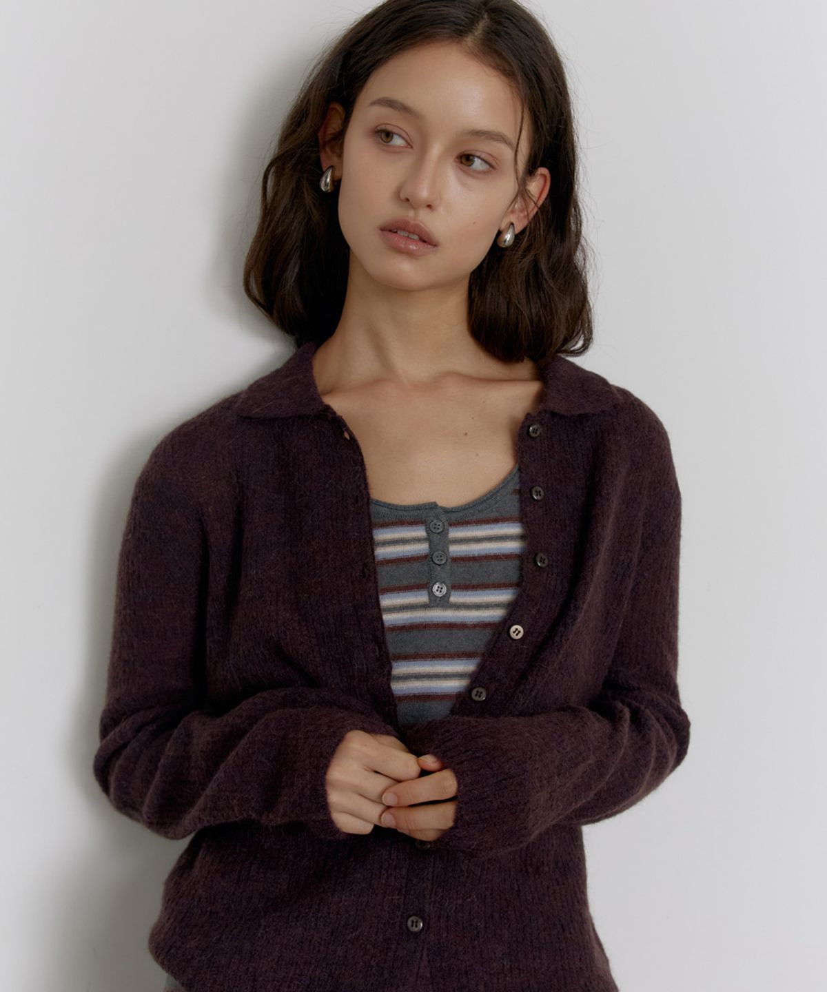닌닛(NINNIT) Alpaca mohair collared cardigan (WINE)