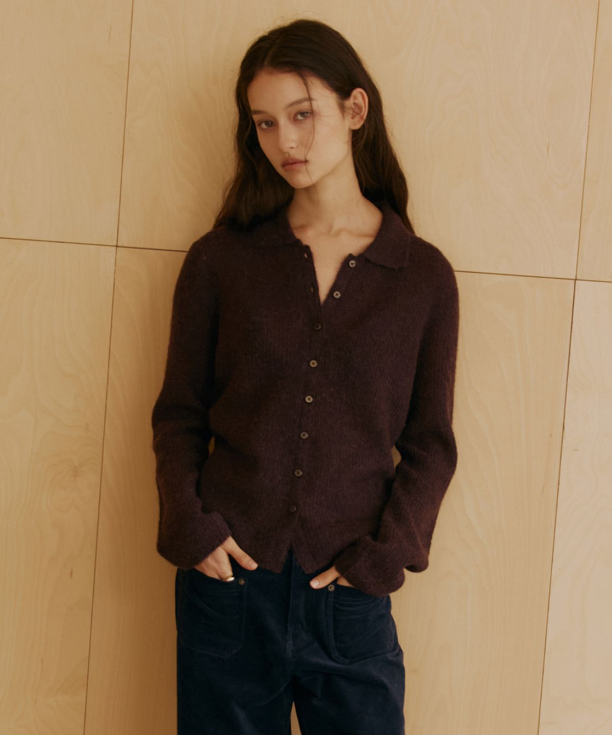 닌닛(NINNIT) Alpaca mohair collared cardigan (WINE)