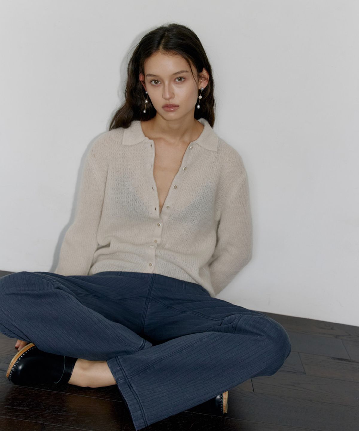 닌닛(NINNIT) Alpaca mohair collared cardigan (LIGHT BEIGE)